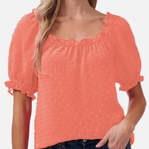 CeCe Women's Clip Dot Square Neck Short Puff Sleeve Blouse,Color;CAMOE CORAL